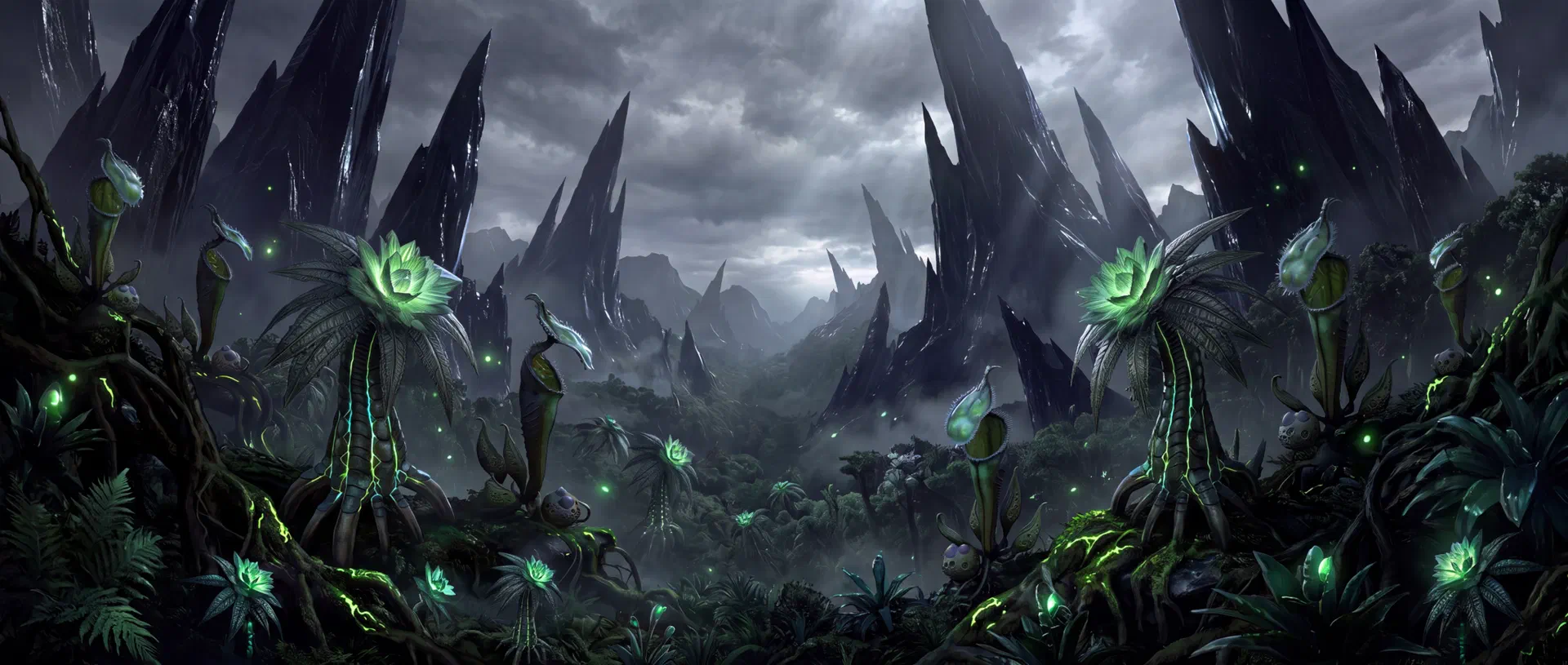 Valley of black obsidian spires under a storm sky; bioluminescent plants glow green in the foreground jungle
