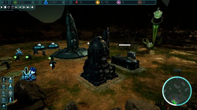 Singularian expedition base at night: infantry patrol between the landed command spire, generator domes and a reactor tower, a towering alien plant looming nearby