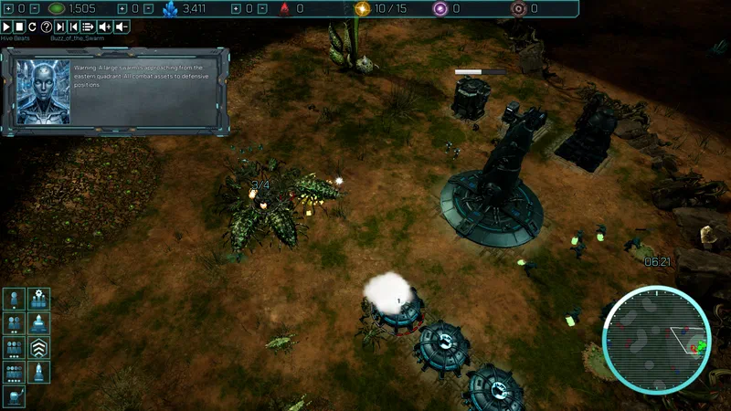 The base AI warns of a large swarm approaching from the east while Xeno crawlers press against the perimeter defenses