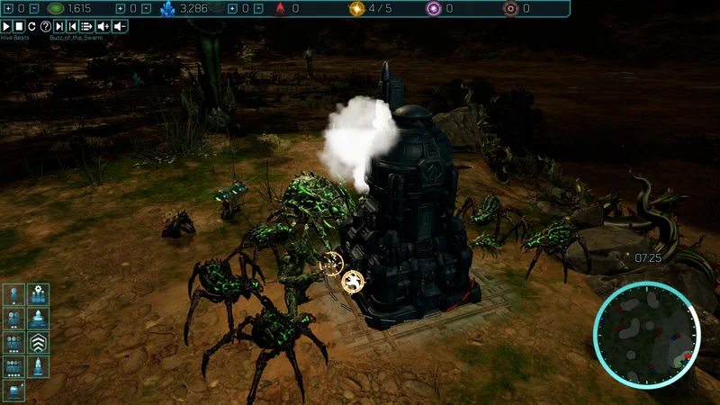Glowing green Xeno crawlers swarm a venting reactor tower at night
