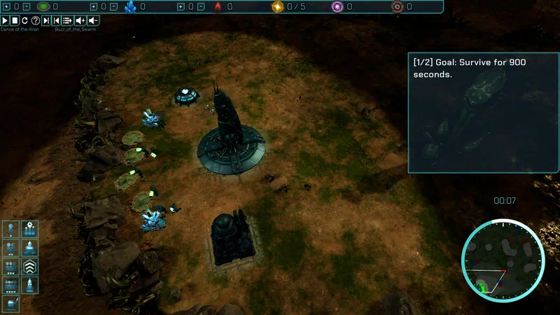 Top-down view of a fresh landing site: harvesters gather crystal beside bioluminescent pools as a survival objective counts down
