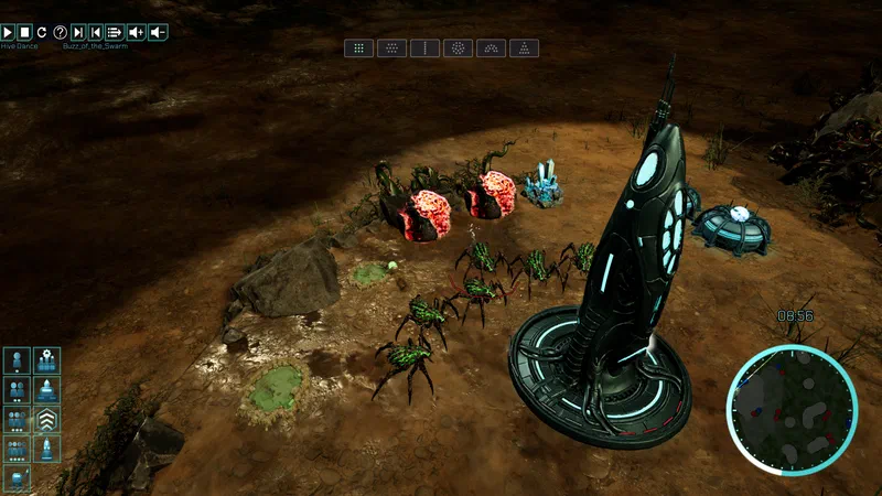 Night patrol: green-glowing Xeno spiders skitter past pulsing red brood growths beneath the Data Center's tentacled spire