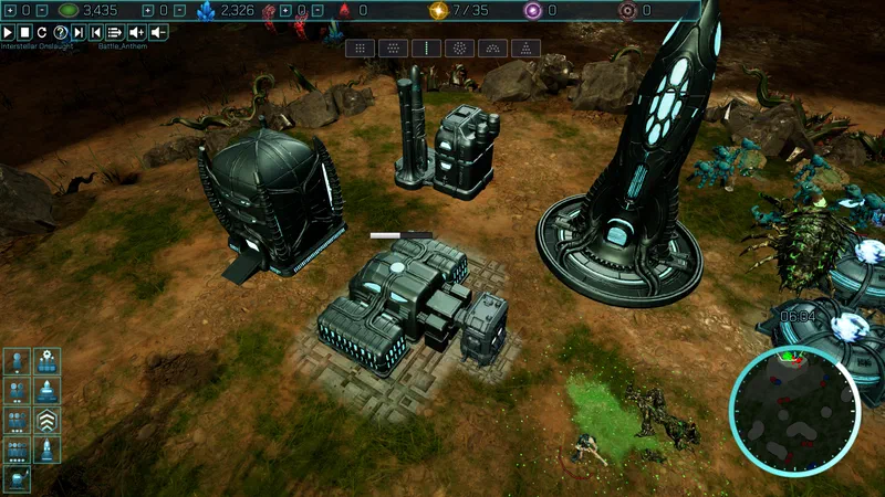 Singularian base in the new biomechanical style — ribbed dome, venting forge and the glowing Data Center spire — while a Xeno beast probes the perimeter on the right
