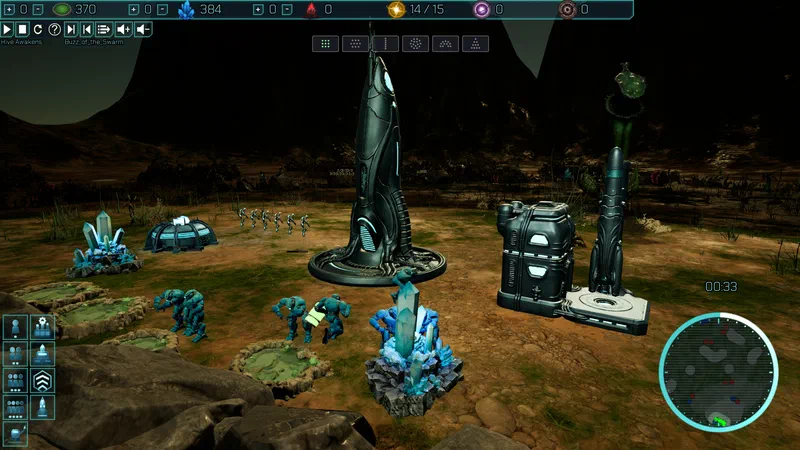Ground view of the expedition camp: androids march in formation past the Data Center spire, workers haul glowing cells between crystal clusters, a missile waits on its launch pad