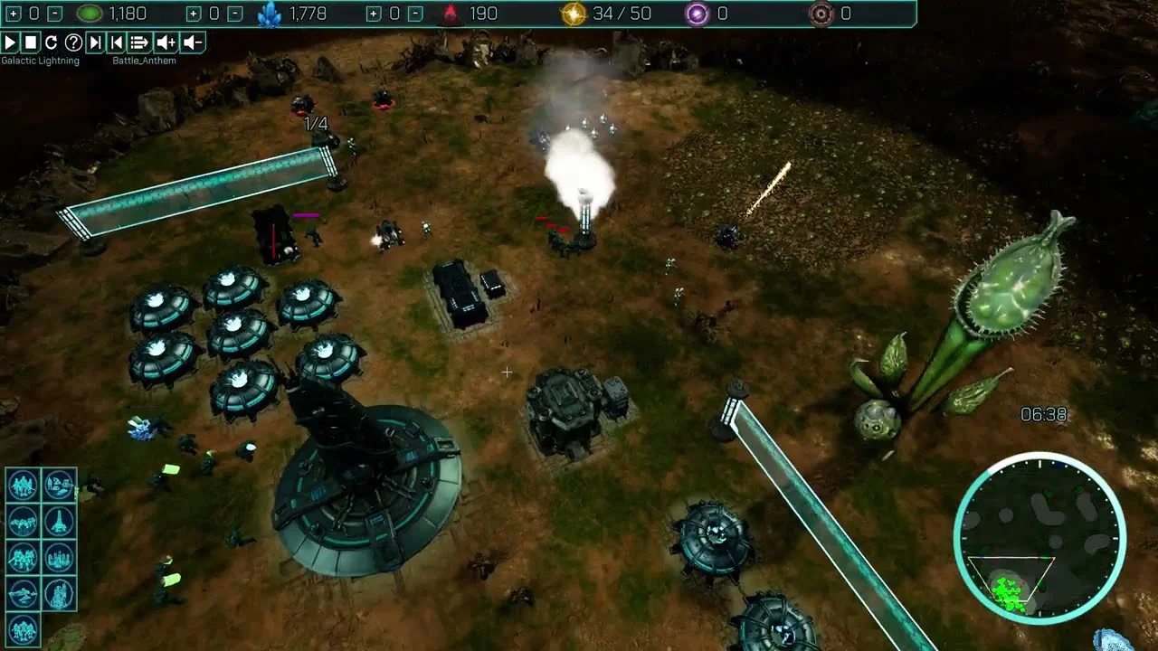 Gameplay: a base with domed production structures, unit groups, resource bar and minimap HUD